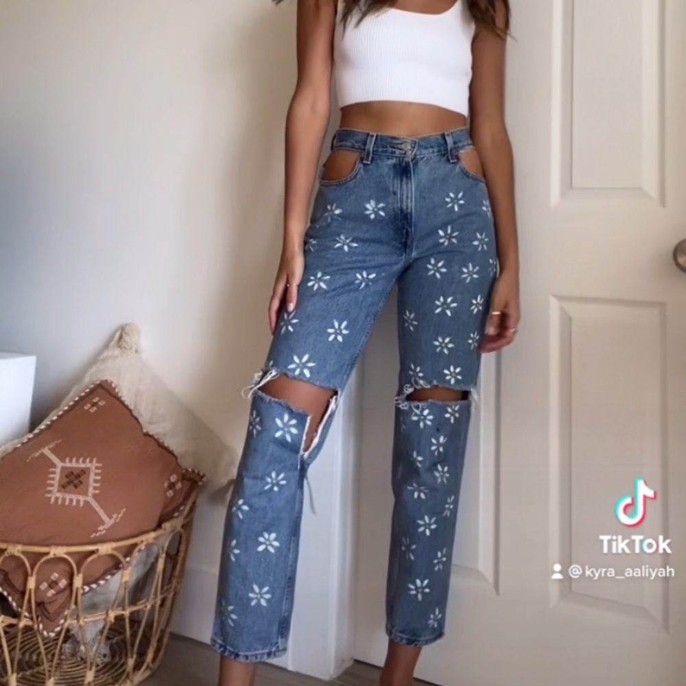 Custom Levi’s with no pockets and flower design